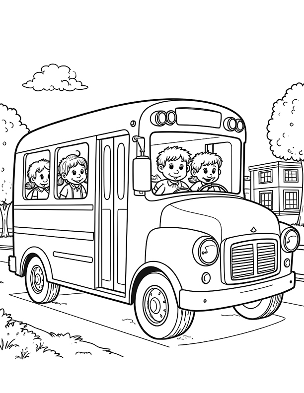 School bus surrounded by trees coloring page