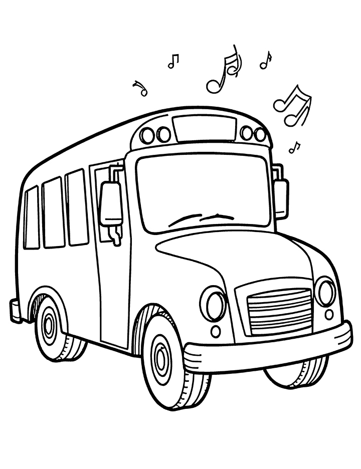 School bus with music notes coloring page