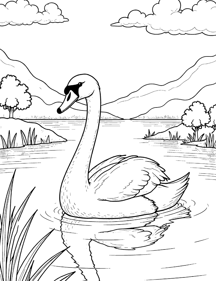 Swan at a peaceful lake coloring page