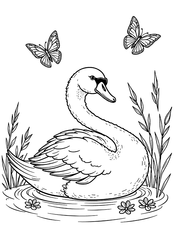 Swan with butterflies coloring page