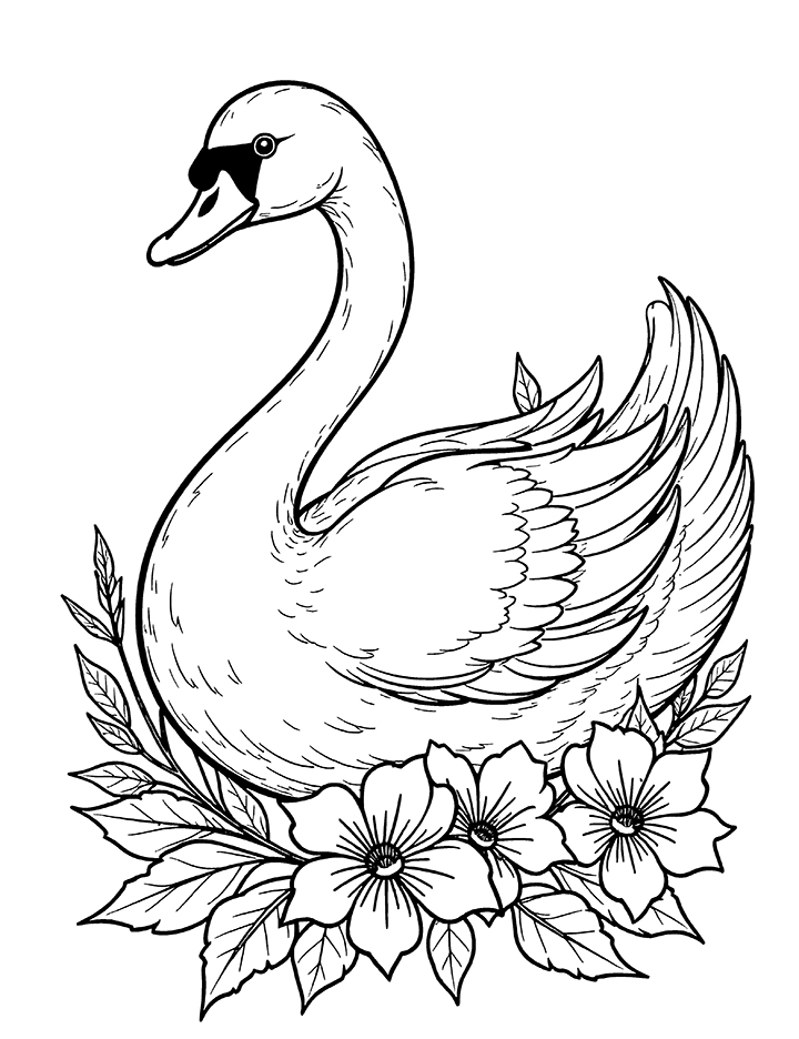 Swan with flowers and vines coloring page