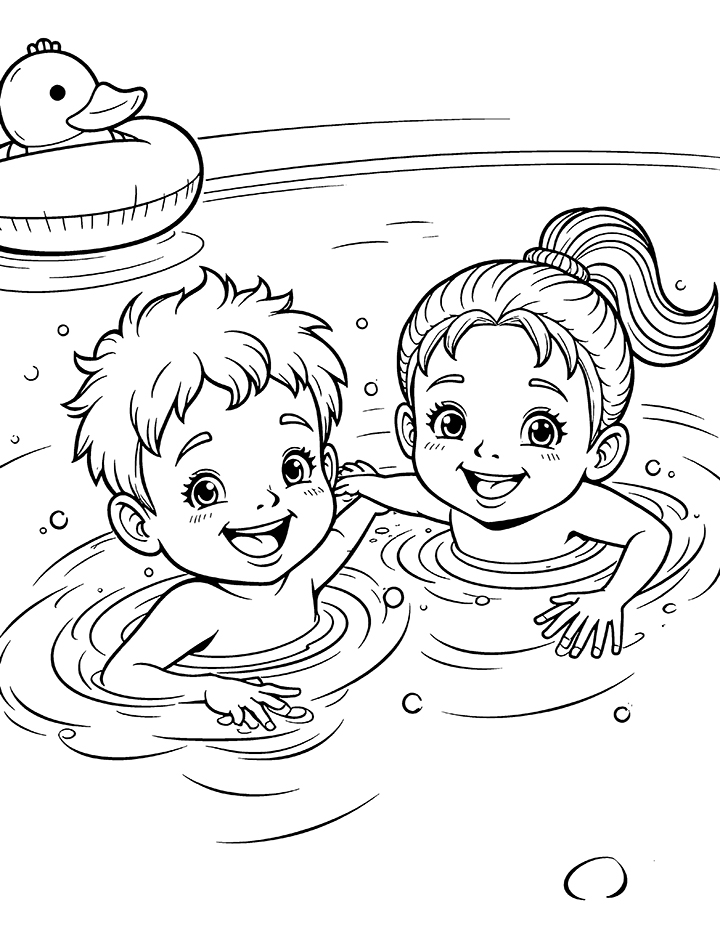 Kids swimming coloring page