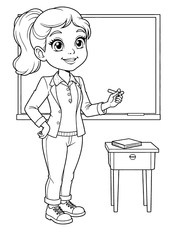 Teacher in classroom coloring page