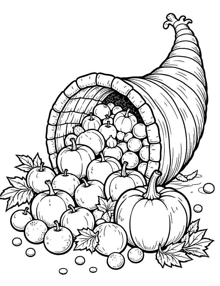 Thanksgiving cornucopia overflowing coloring page