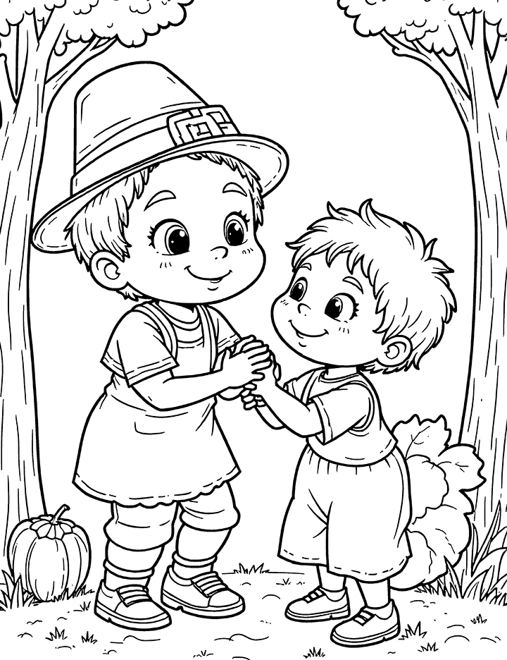 Thanksgiving kids playing coloring page