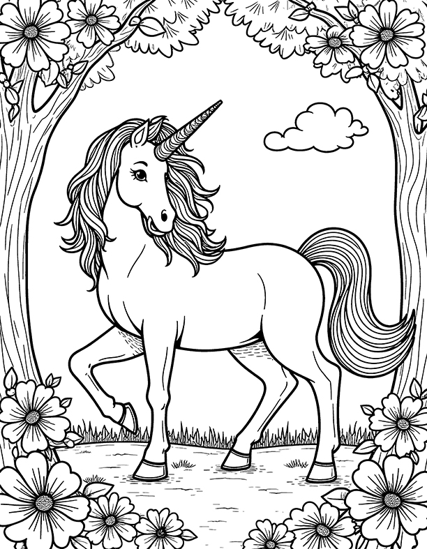 Unicorn in the flower garden coloring page