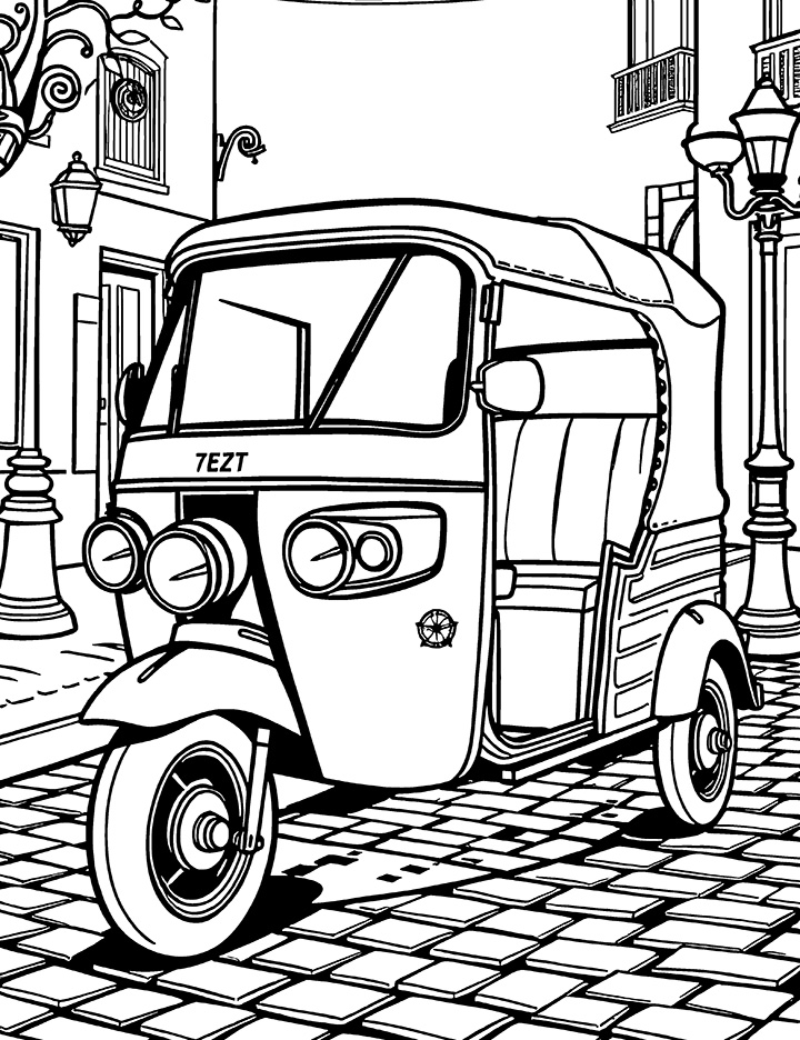 Vintage auto rickshaw coloring page