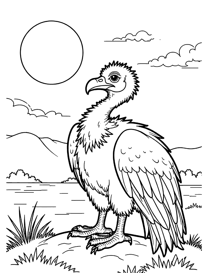 Vulture resting during sunset coloring page