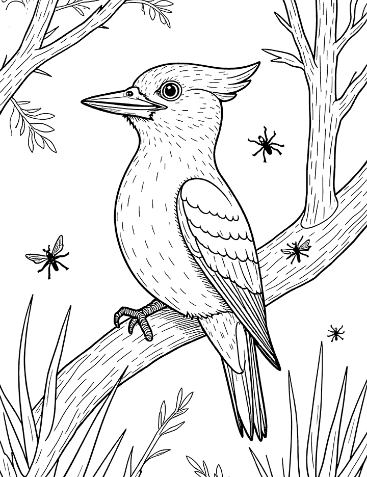 Woodpecker and insect coloring page