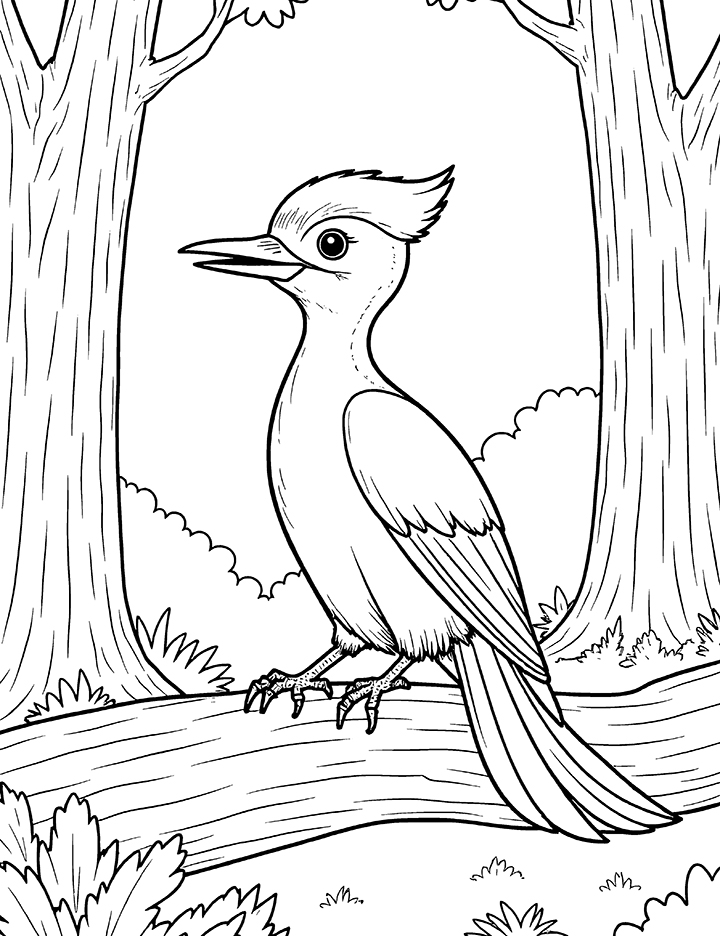 Woodpecker in forest coloring page