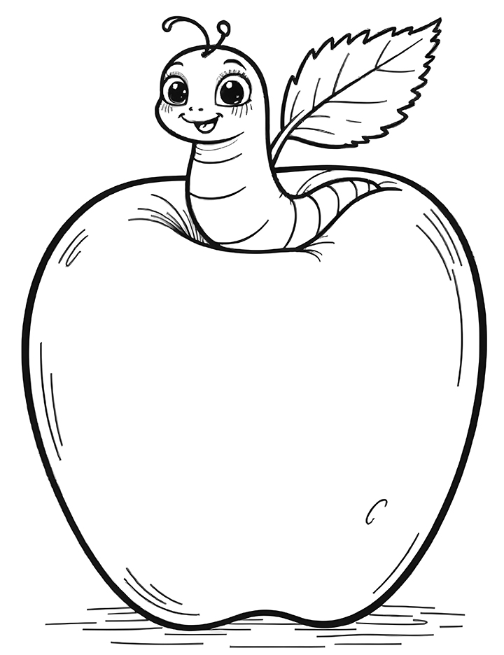 Worm and apple coloring page