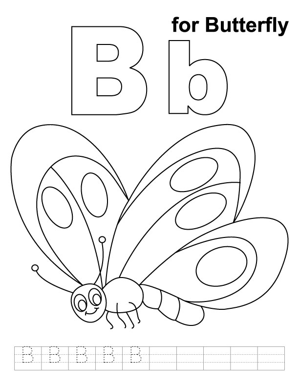 B for butterfly coloring page with handwriting practice | Download Free ...