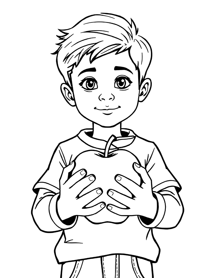 Cute boy holding an apple coloring page