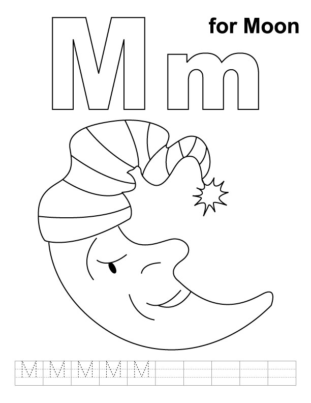 M for moon coloring page with handwriting practice | Download Free M ...