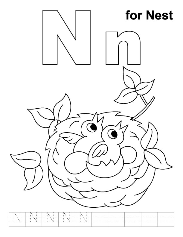 N for nest coloring page with handwriting practice | Download Free N ...