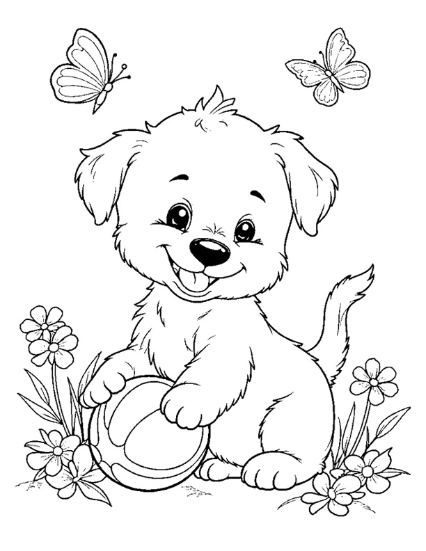 Puppy playing with ball in garden coloring page