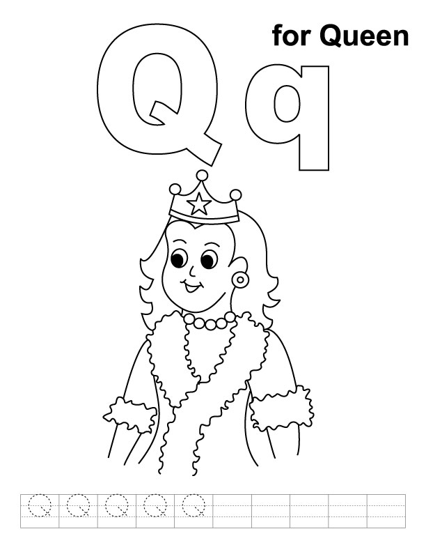 Q for queen coloring page with handwriting practice | Download Free Q ...