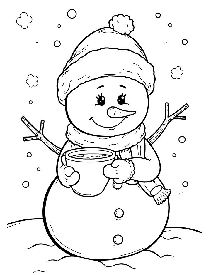 Snowman with a hot cocoa coloring page