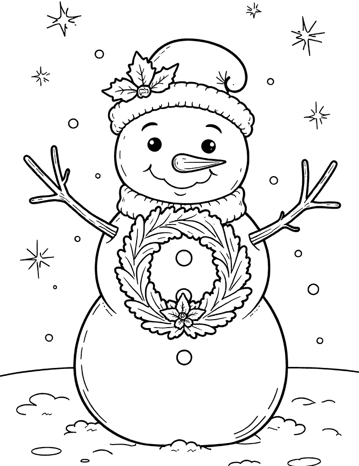 Snowman with a wreath coloring page