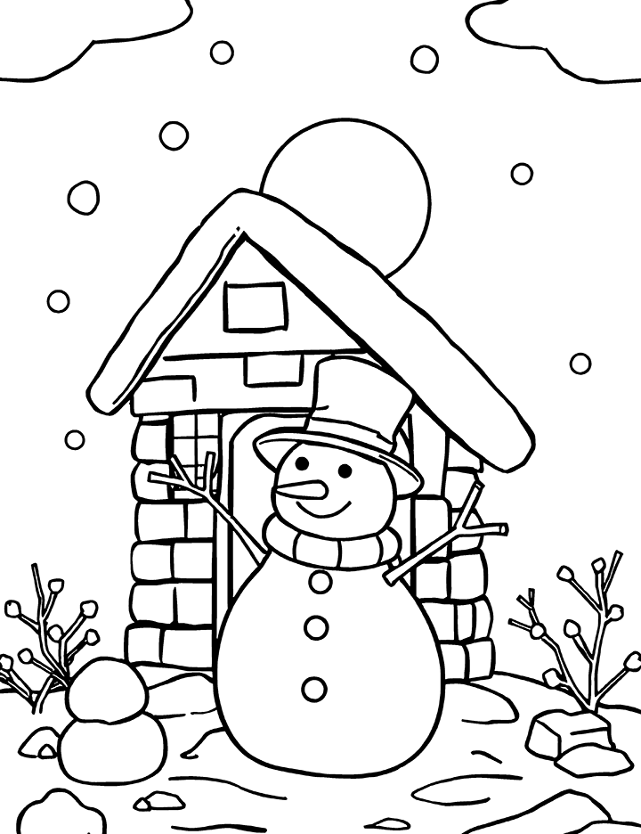 Snowman with hut coloring page